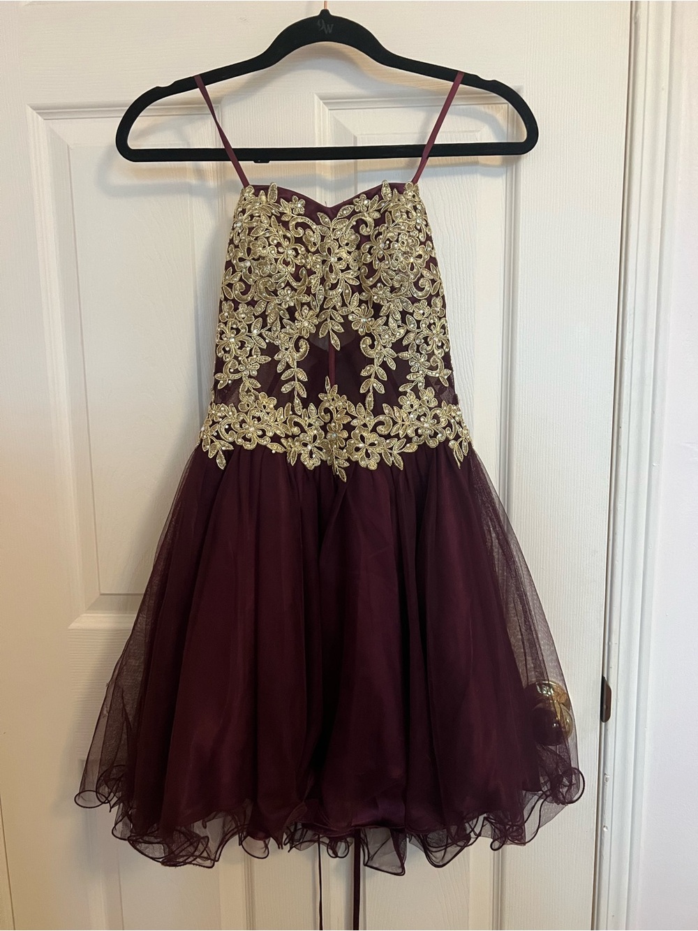 Girls' Strapless Burgundy Dress with Gold Embroidery